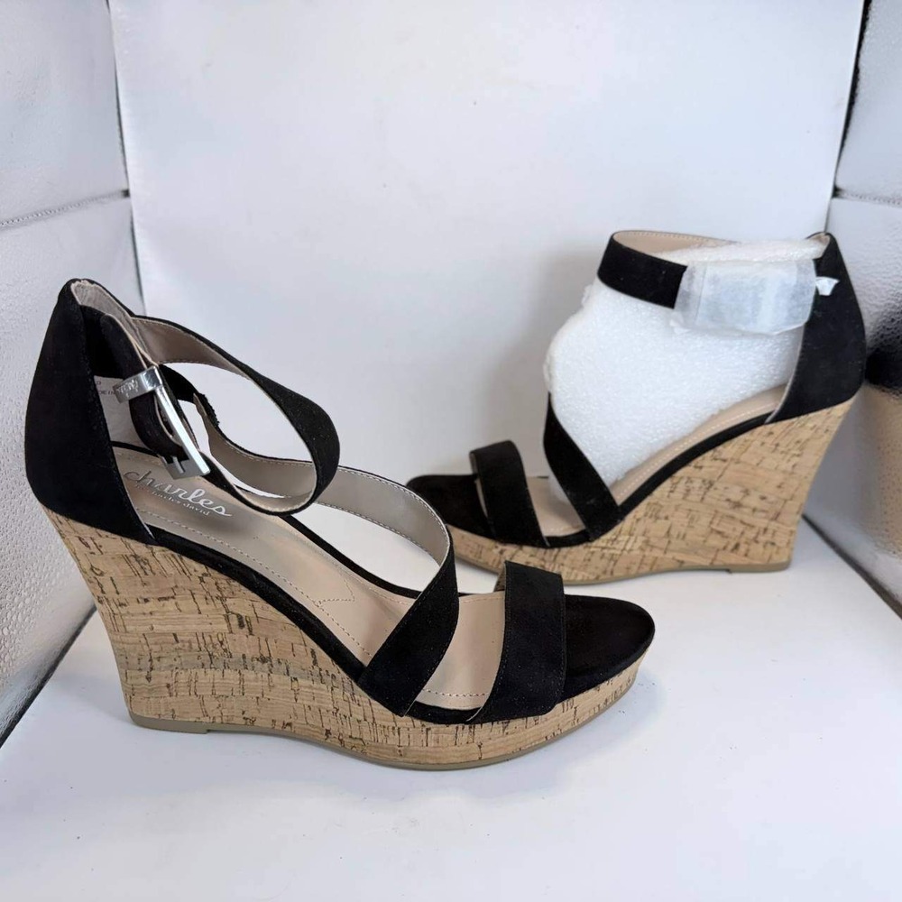 Charles by Charles David Black Suede Cork Wedge Sandals Size 8M CCD-FL